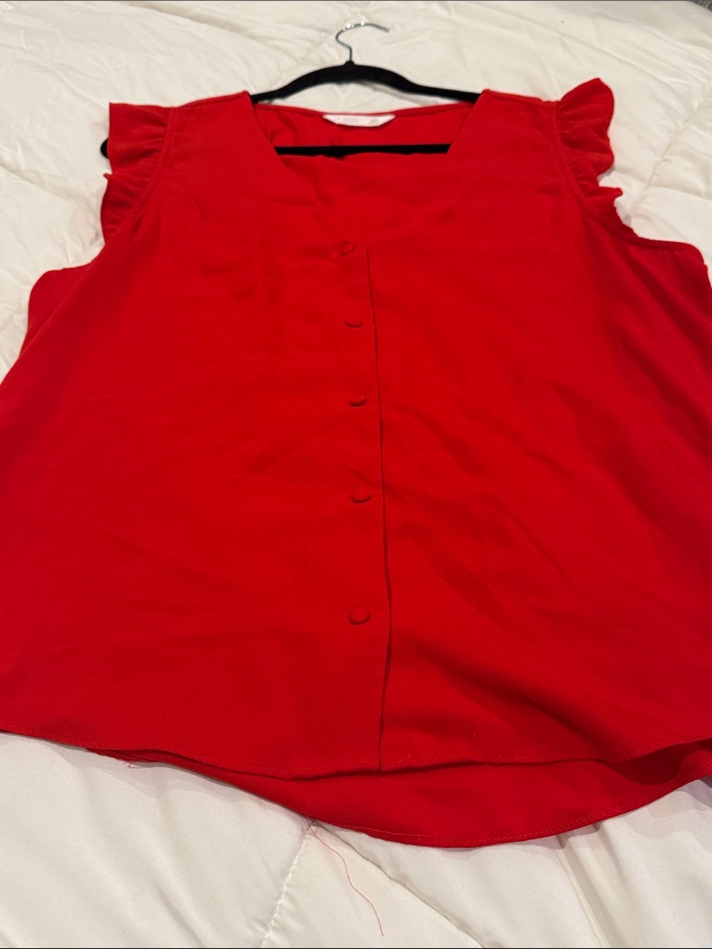 LC Lauren Conrad Red Sleeveless Button-Front Ruffle-Trim Blouse